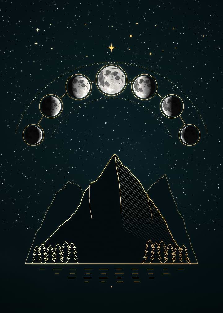 Mountain Under Moon Phases Celestial Line Art
