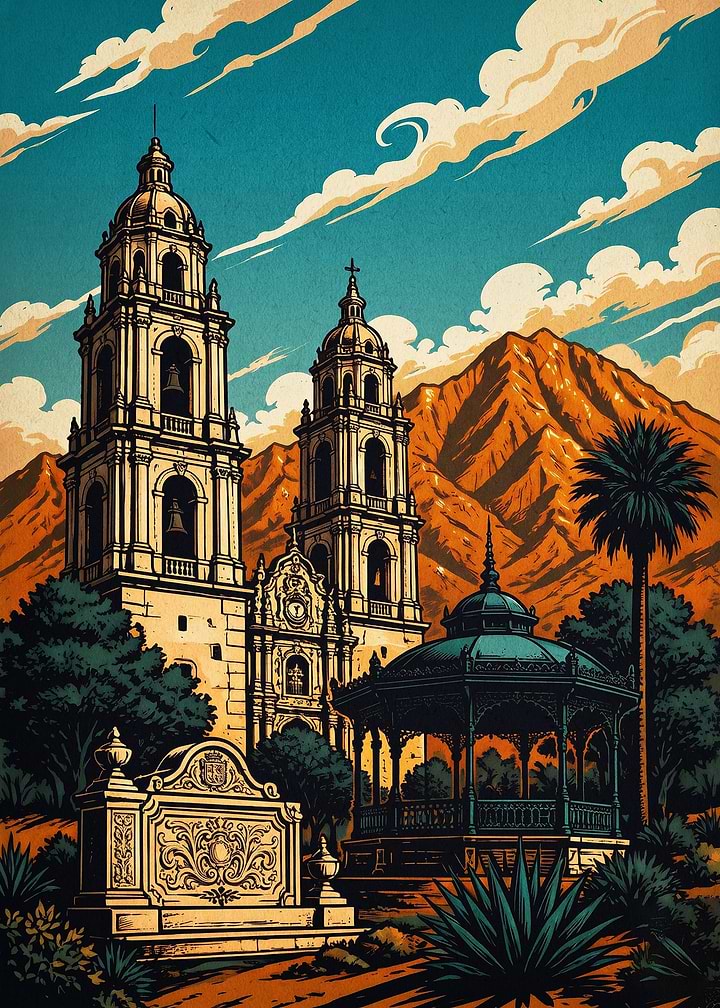 Mexico Cathedral Retro Travel Art