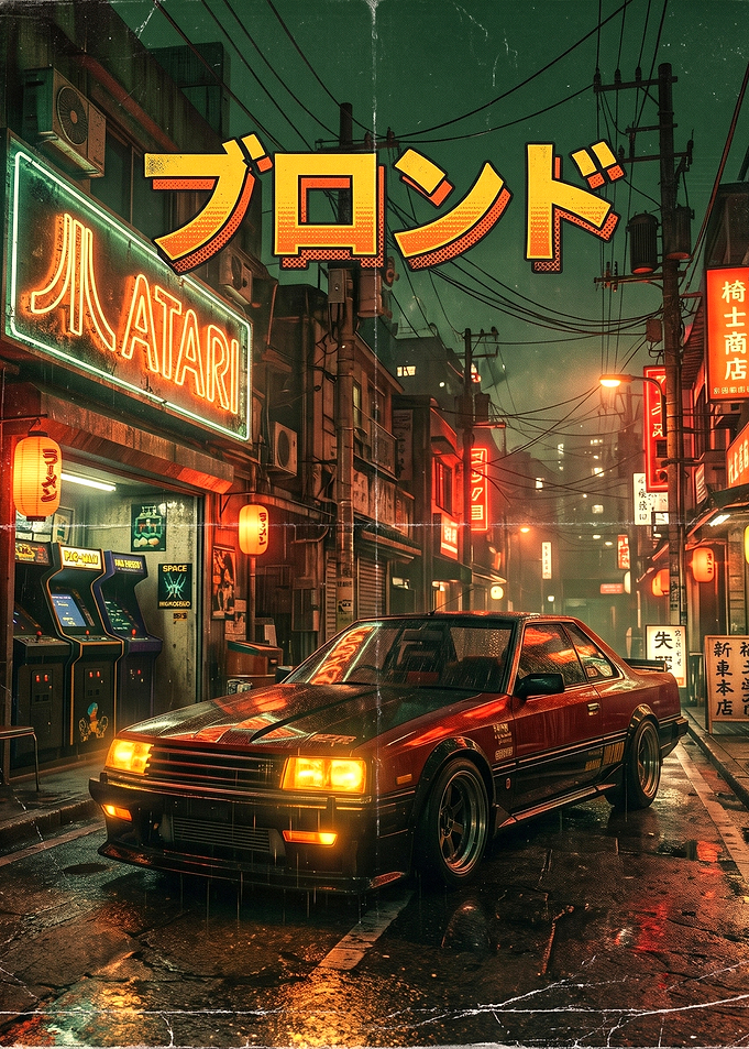 Retro Japanese Street Scene with Car