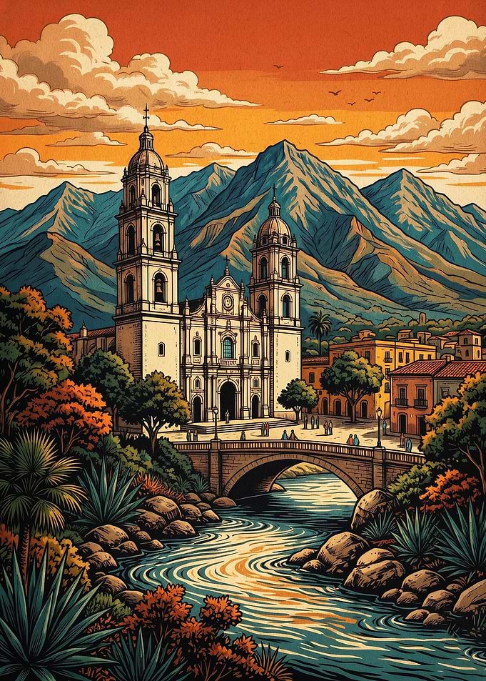 Cathedral River Sunset Retro Art