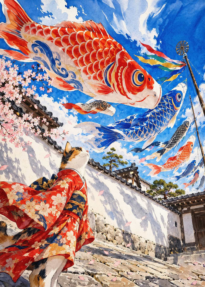 Cat Kimono Koinobori Watercolor Art