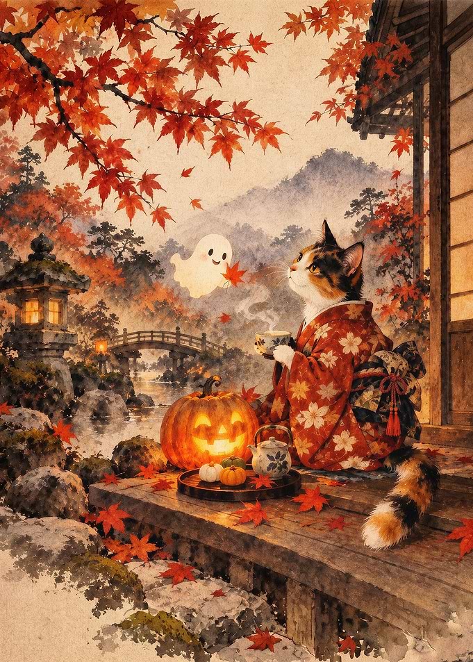 Cat Kimono Fall Ghost Retro Poster