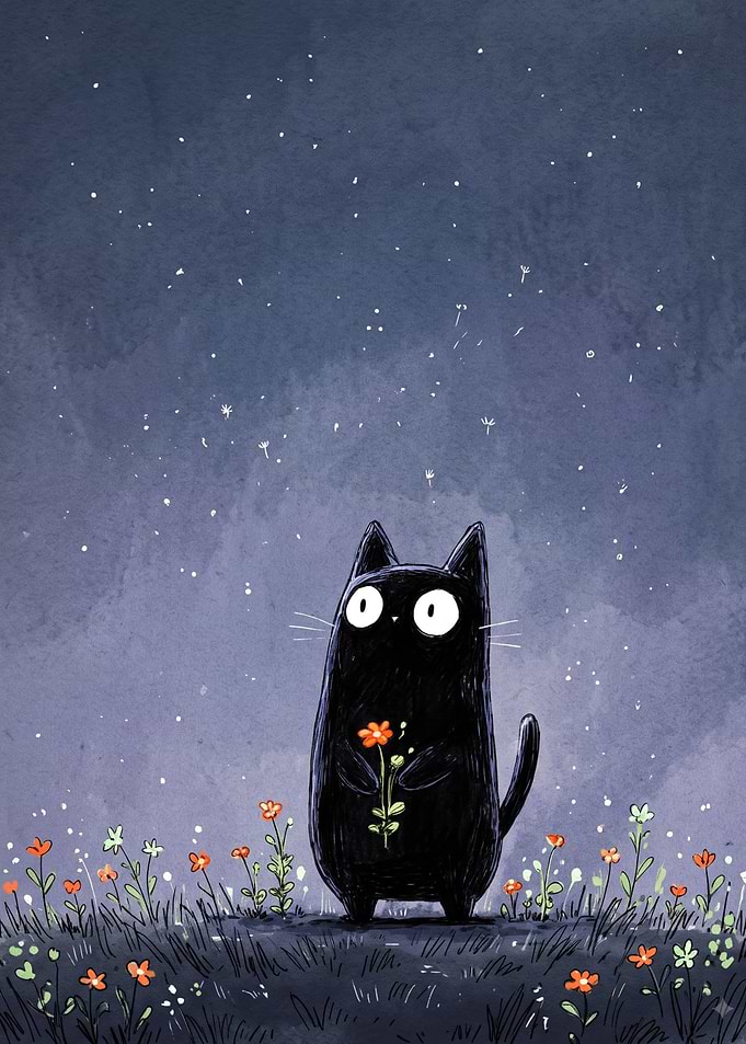 Cute Black Cat Holding Orange Flower