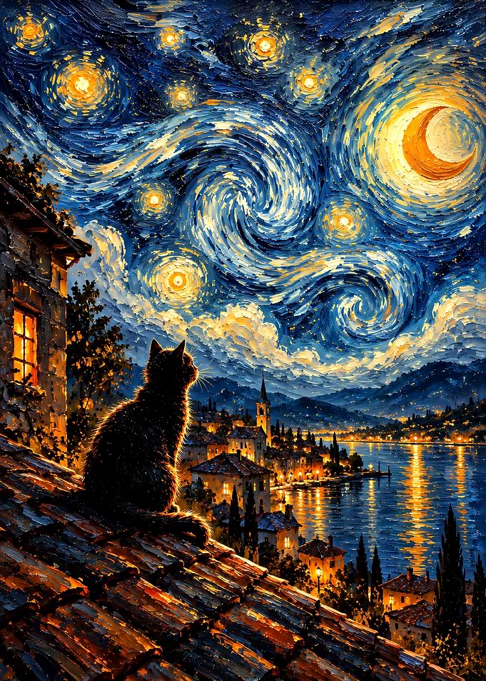 Cat Watching Starry Night Over Lake