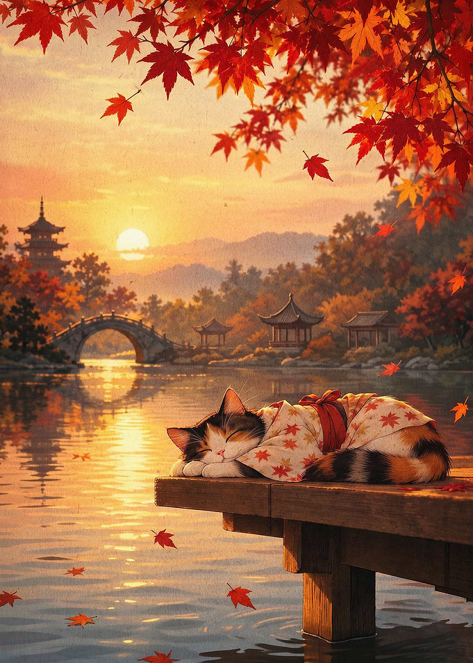 Cat Autumn Japan Sunset Art Poster