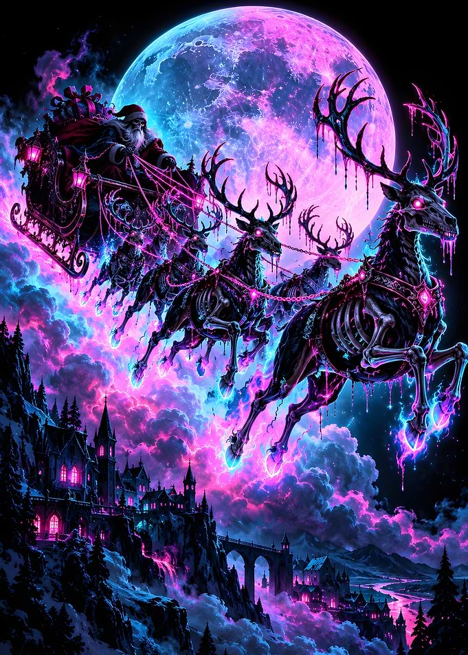 Skeleton Reindeer Sleigh Over Full Moon