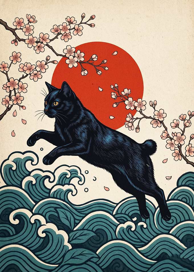 Black Cat Japan Cherry Blossom Art