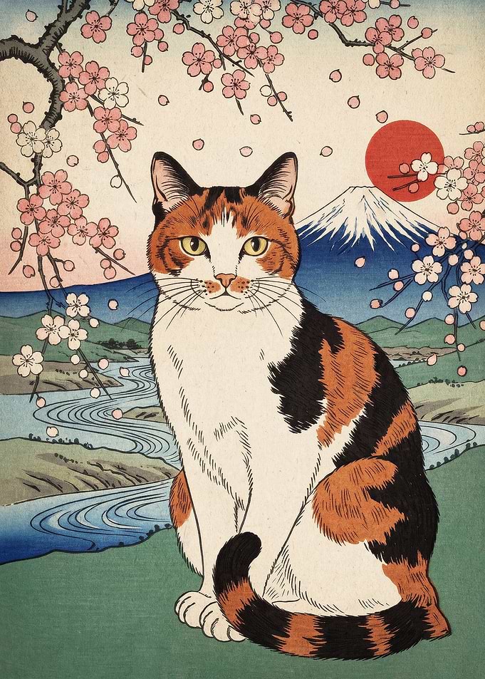 Calico Cat Mount Fuji Ukiyo-e Art
