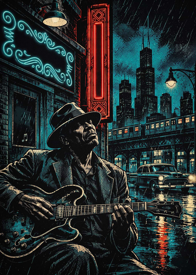 Blues Guitarist City Night Art