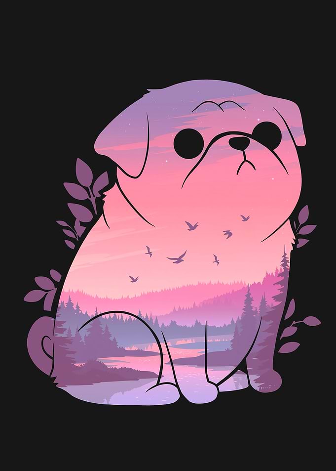 Cute Pug Dog Botanical Nature Sunset
