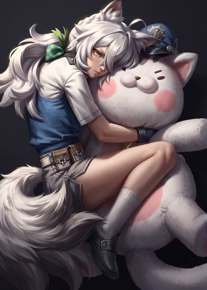 Anime Wolf Girl Hugging Plushie