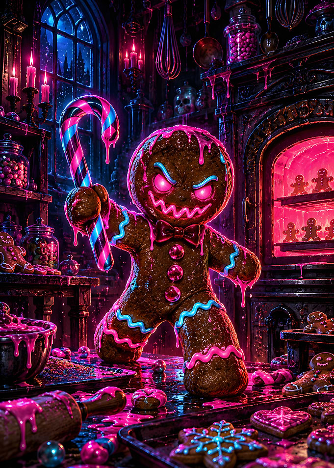 Evil Gingerbread Man Neon Candy Cane