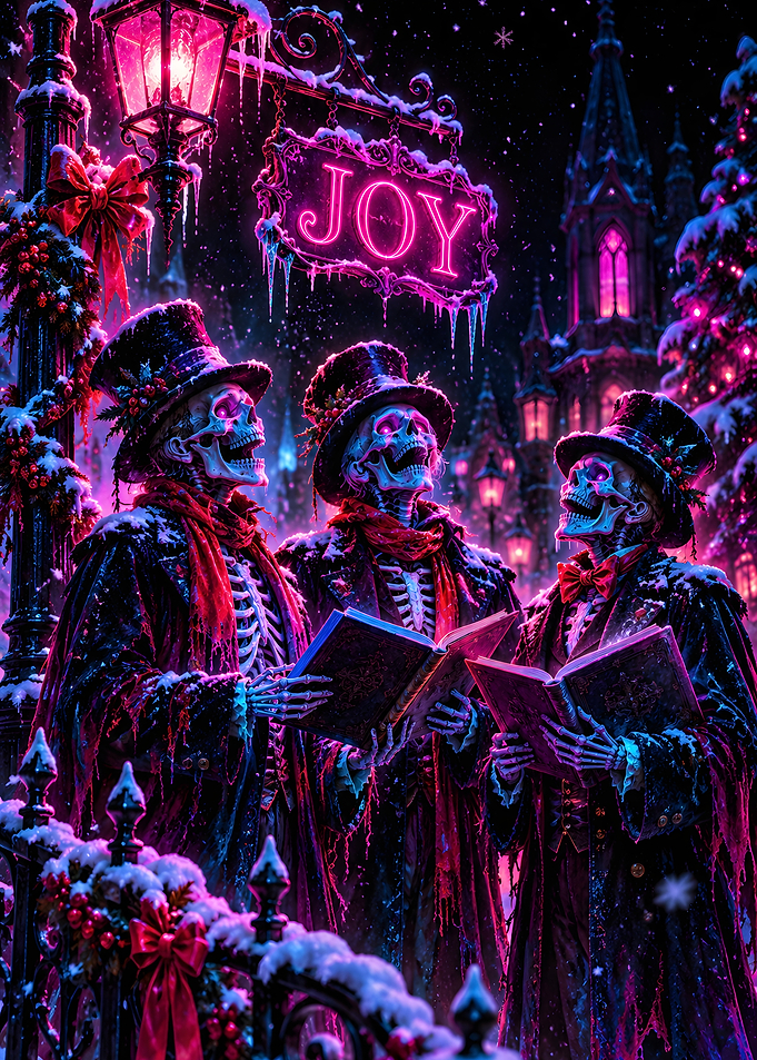 Skeleton Carolers Neon Joy Sign