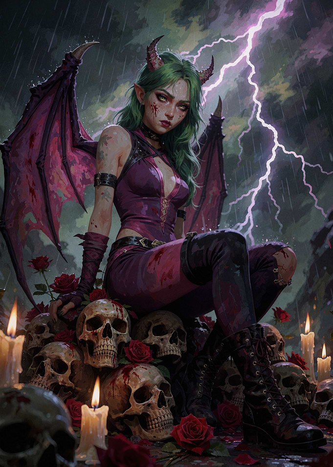 Demon Girl Sitting on Skulls