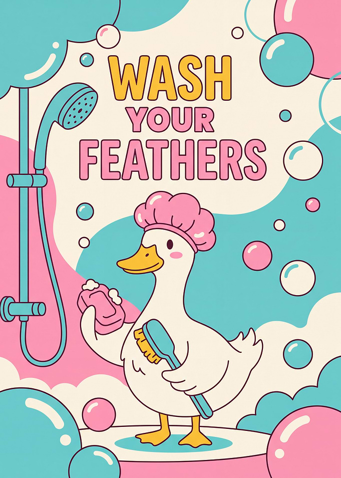 Cute Duck Taking a Shower Poster