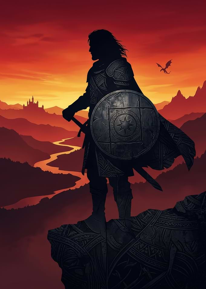 Warrior Standing Over Fantasy Landscape