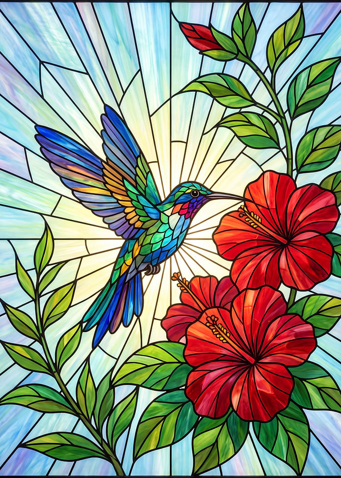 Stained Glass Hummingbird and Hibiscus