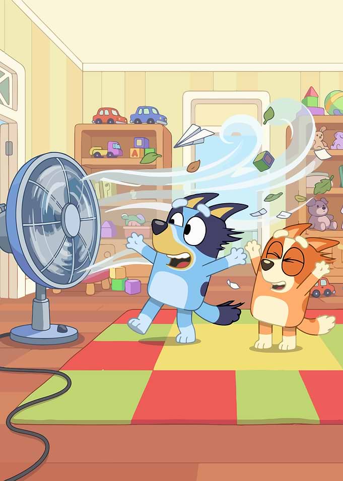 Bluey and Bingo Playing with Fan