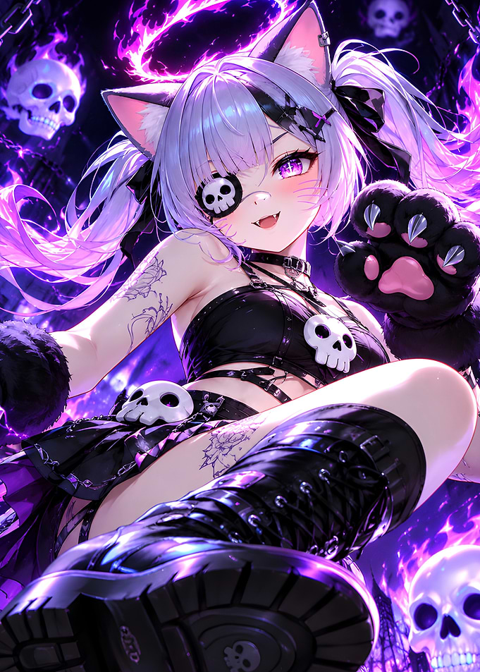 Gothic Cat Girl with Purple Flames