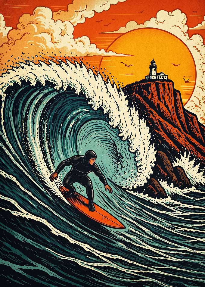 Surfer Wave Sunset Retro Art