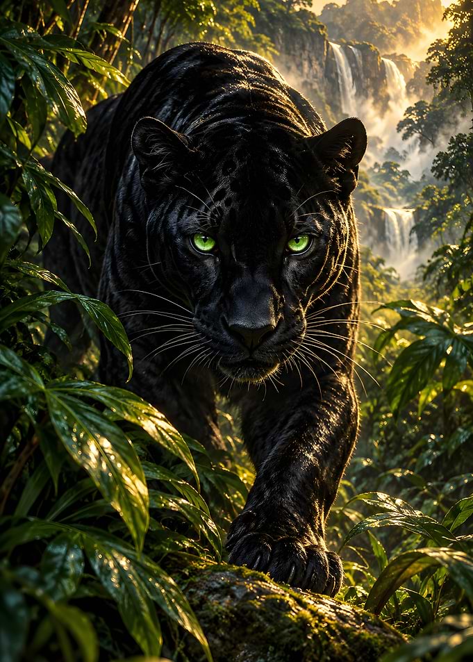 Black Panther Green Eyes Prowling Jungle