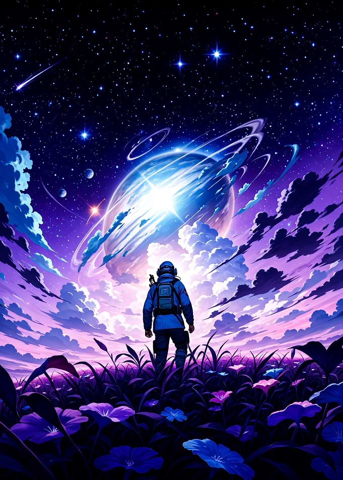 Astronaut Standing in Cosmic Flower Field