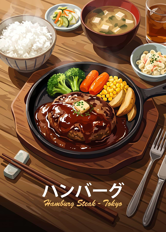Japanese Hamburg Steak Meal Illustration