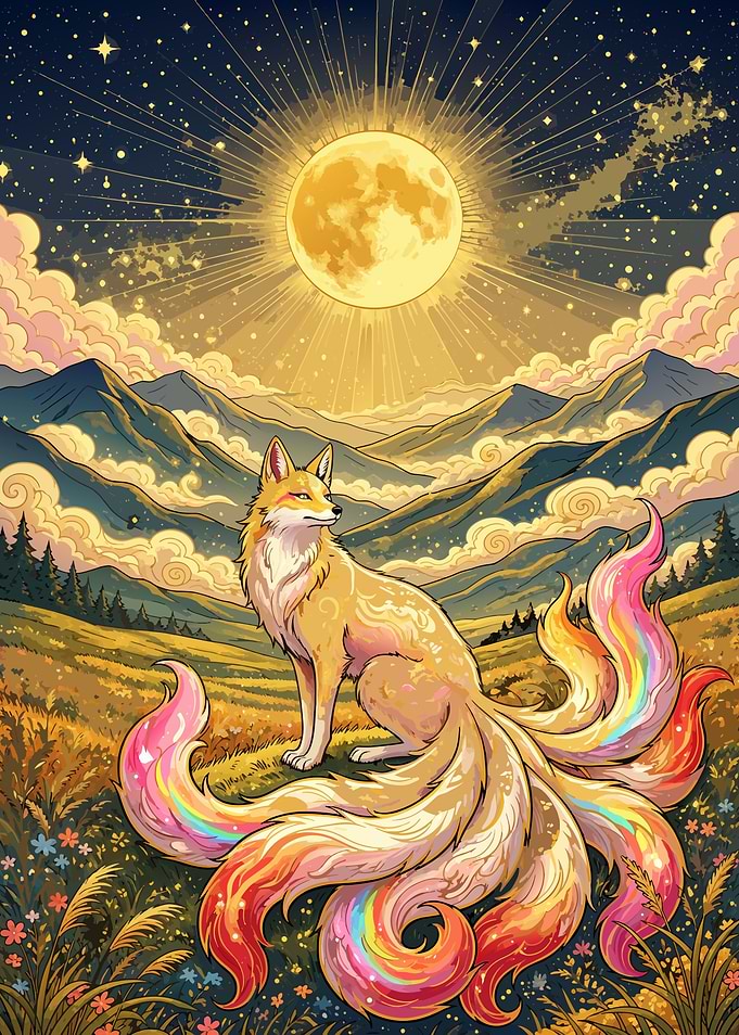 Mystical Nine-Tailed Fox & Mountains Ukiyo-e: Divine Kitsune Luck Art