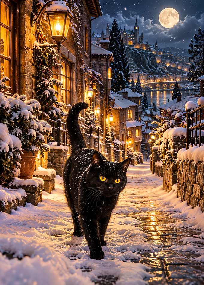 Black Cat Walking Snowy Village Street Night