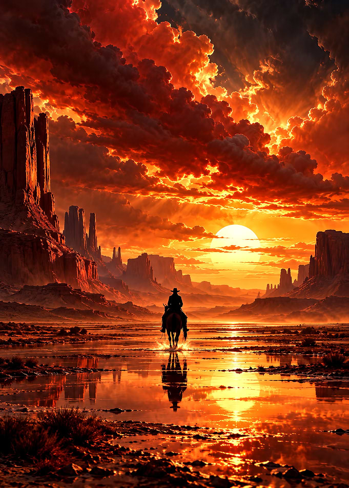 Lone Cowboy Riding at Sunset