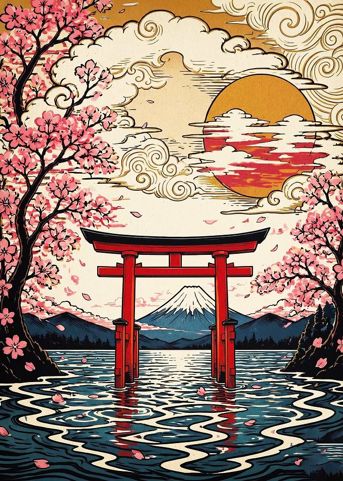 Japan Torii Gate Cherry Blossom Art