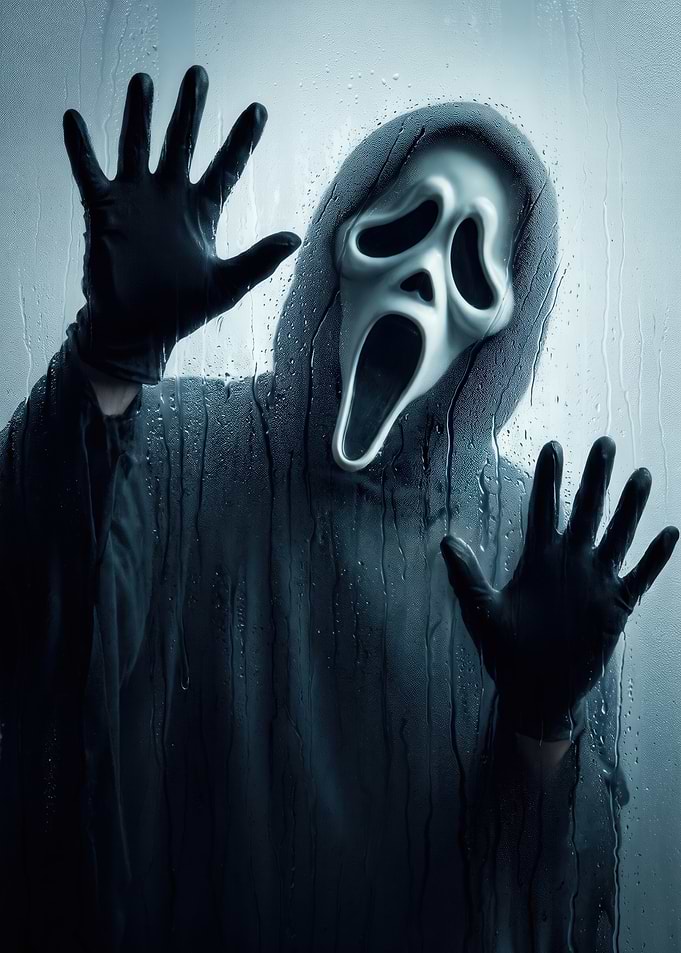 Ghostface Killer Behind Wet Glass