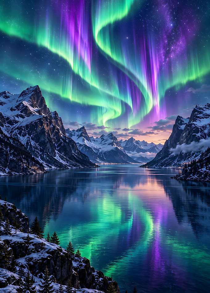 Northern Lights Over Fjord Mountain Reflection