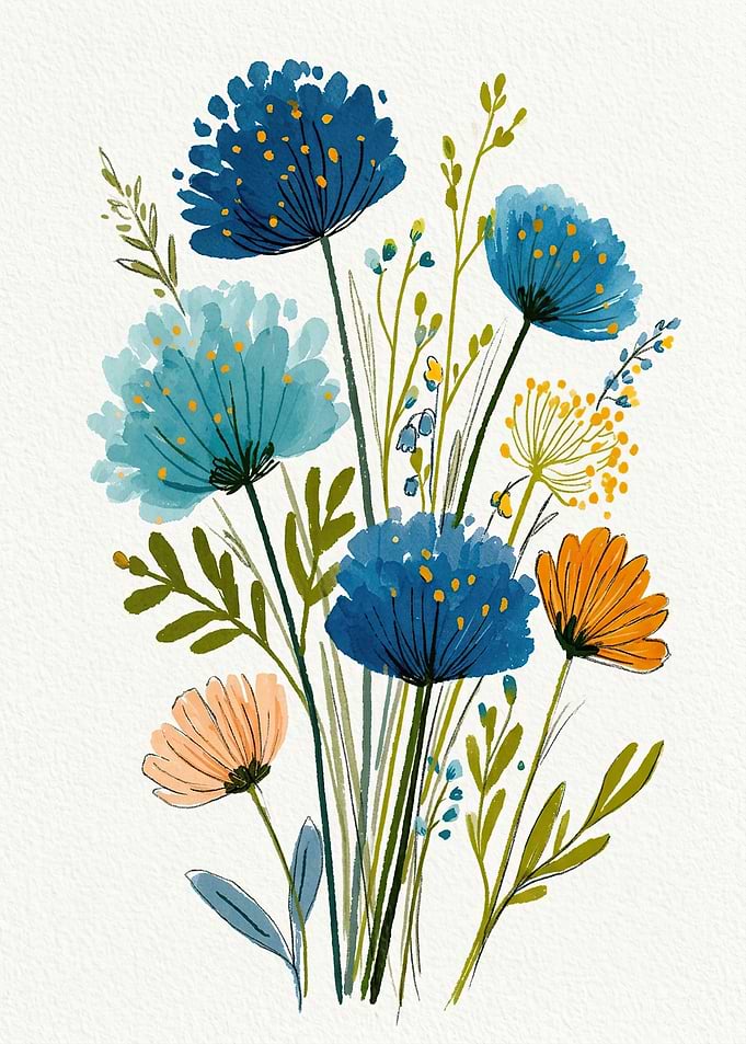 Watercolor Bouquet of Blue and Orange Flowers
