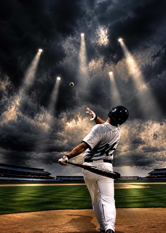 Baseball Player Swinging Under Stormy Skies