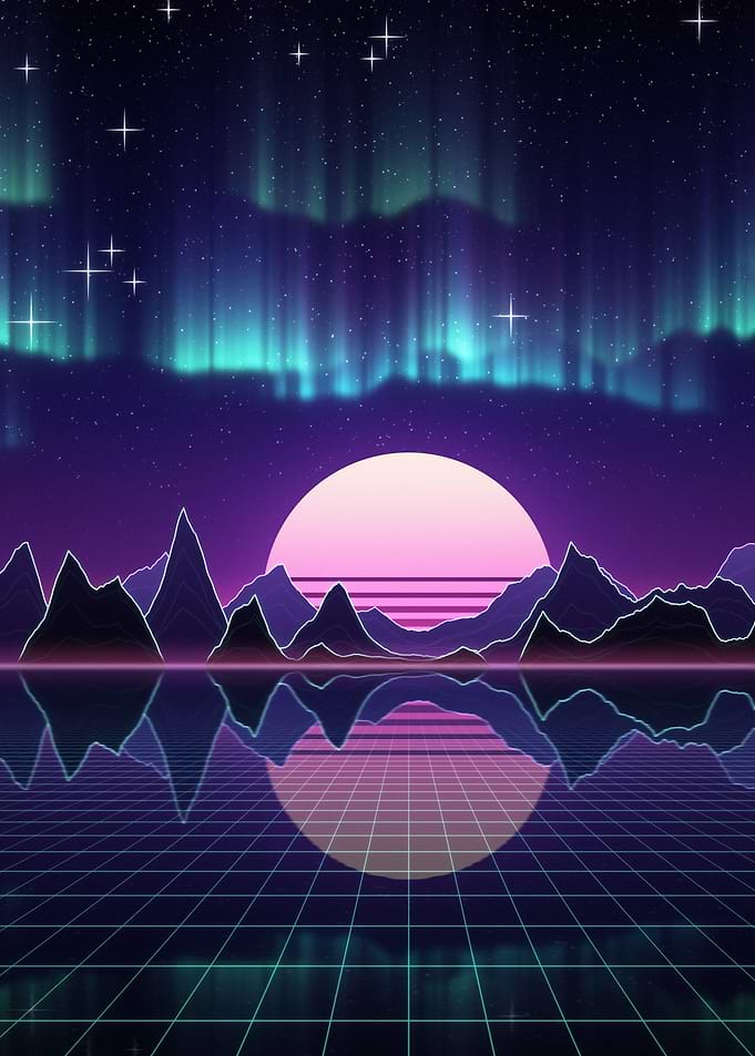 Aurora Mountain Lake Synthwave Retro Poster