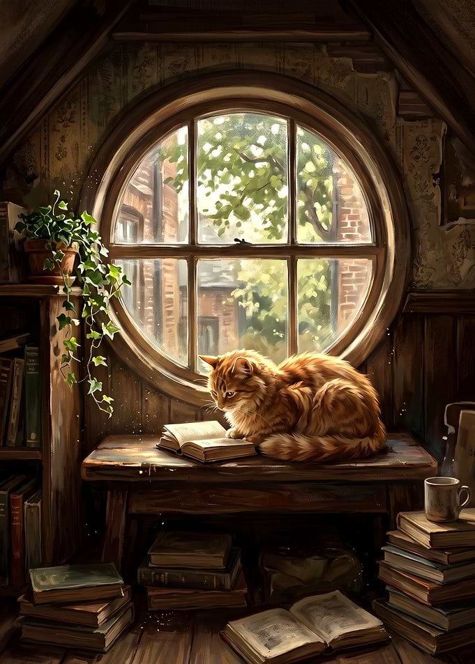Cozy Ginger Cat Reading by Window