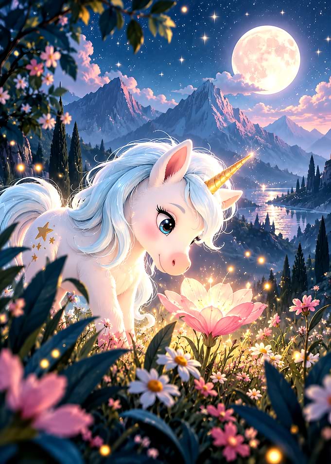 Cute Baby Unicorn in Magical Meadow