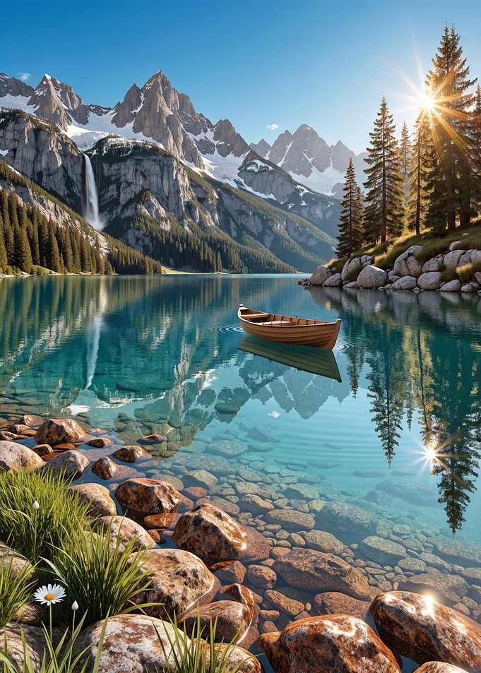 Serene Mountains at Lake with Wooden Boat Nature
