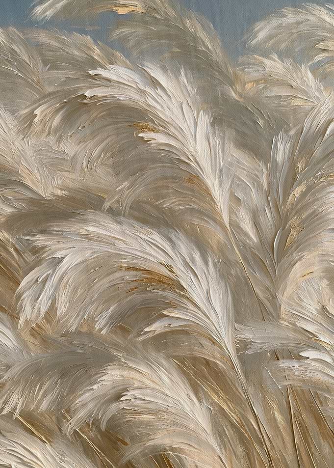 Soft White Pampas Plumes in Cream and Pale Gold, Neutral Botanical Painting