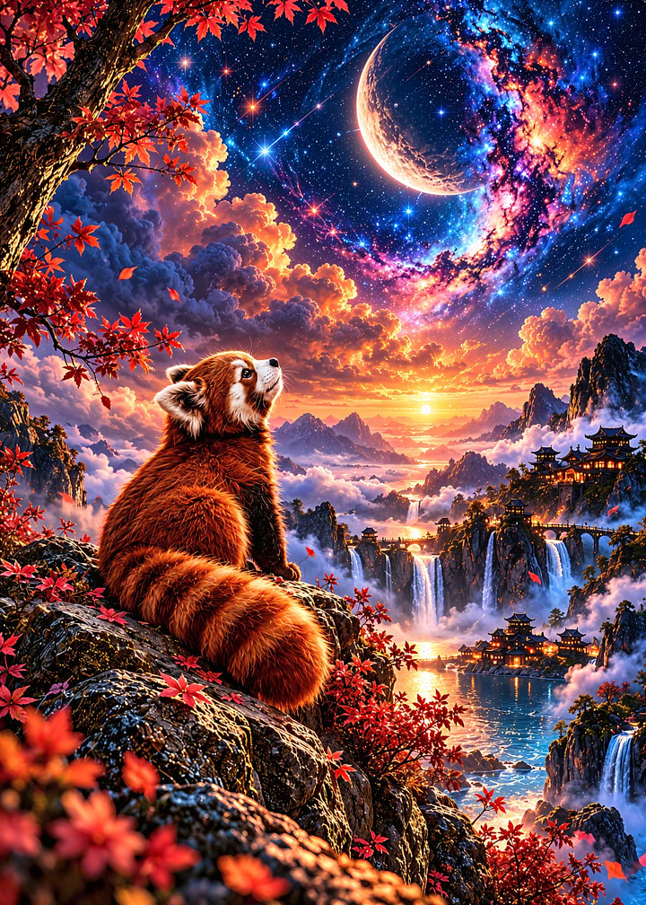 Red Panda Watching Celestial Moon