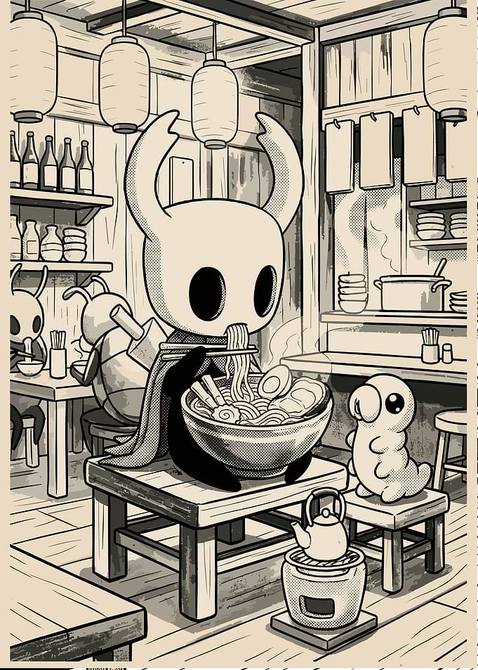 Hollow Knight Eating Ramen Illustration
