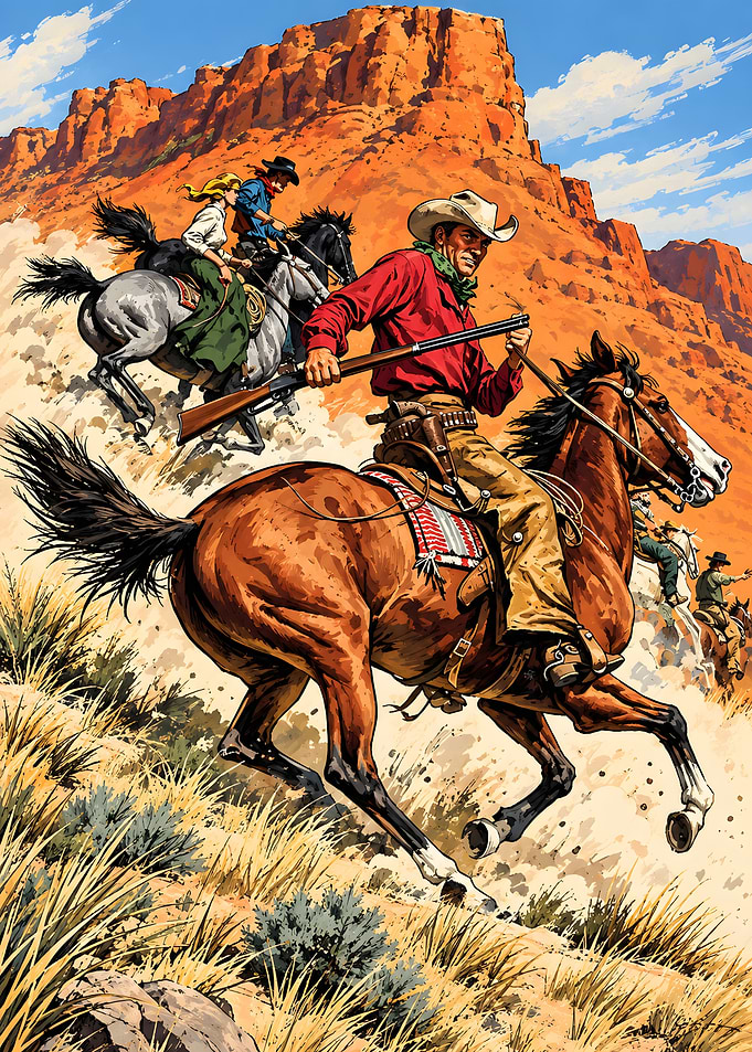 Western Cowboys Riding Through Desert Canyon