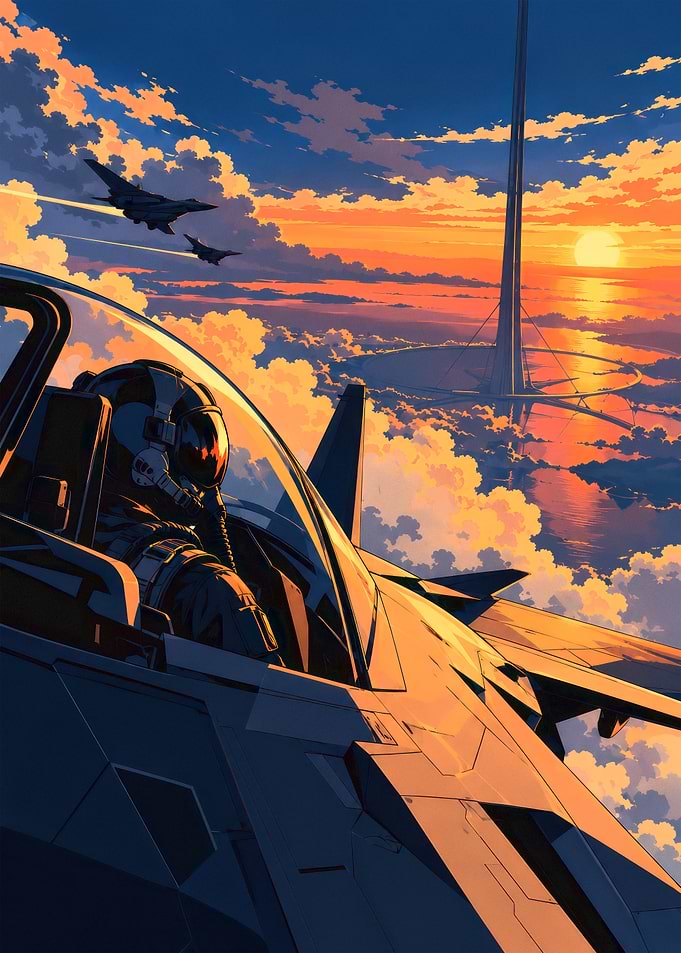 Fighter Pilot Flying Toward Space Elevator