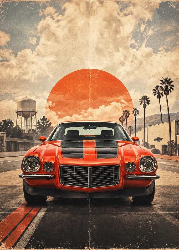 Classic Muscle Car Sunset Retro Art