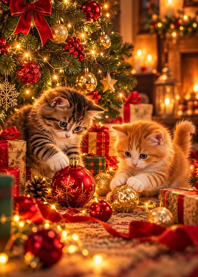 Two Kittens Playing With Christmas Ornaments