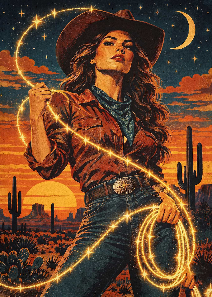 Cowgirl Sunset Desert Vintage Art