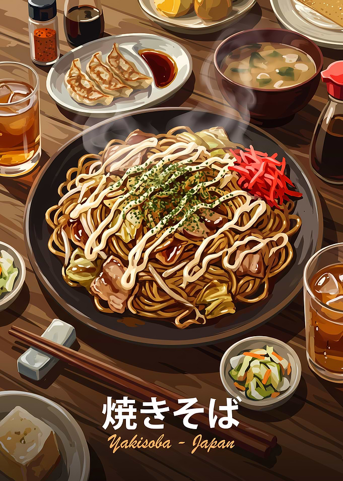 Delicious Japanese Yakisoba Meal Illustration