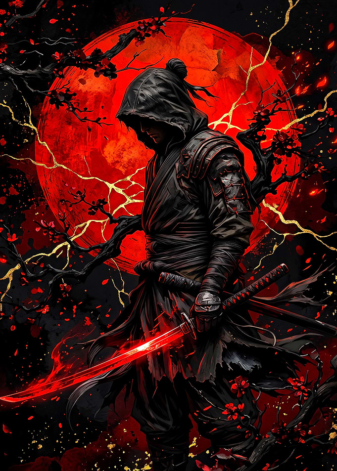 Hooded Ninja with Glowing Red Katana