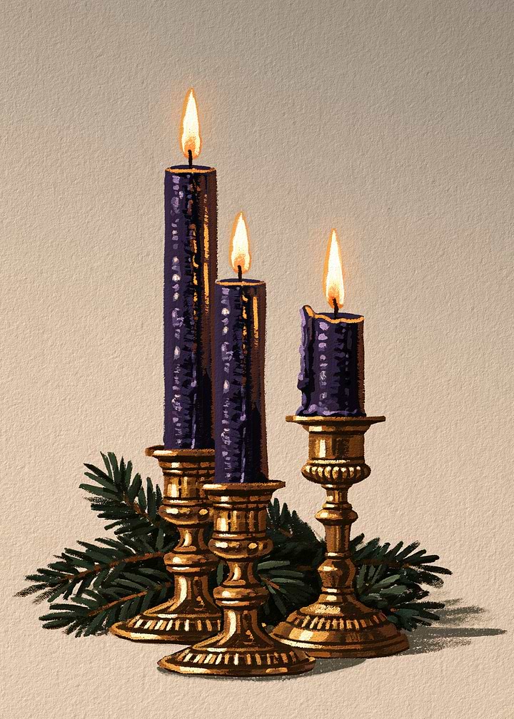 Purple Candles in Brass Candlesticks with Pine Branches, Vintage Christmas Still Life